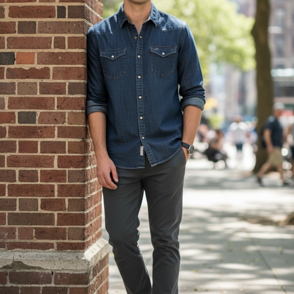 Wrangler Men's Blue Denim Button Down Shirt